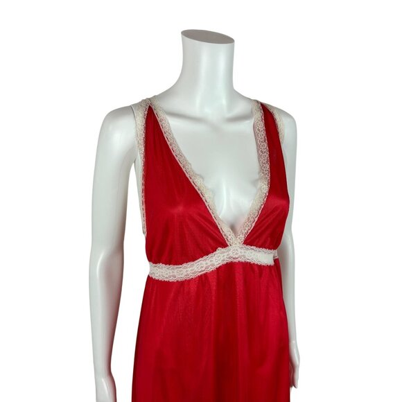 Vintage 80s Red Nightgown Women's Size M Valentines White Lace Deep V Nightie De - Picture 4 of 10
